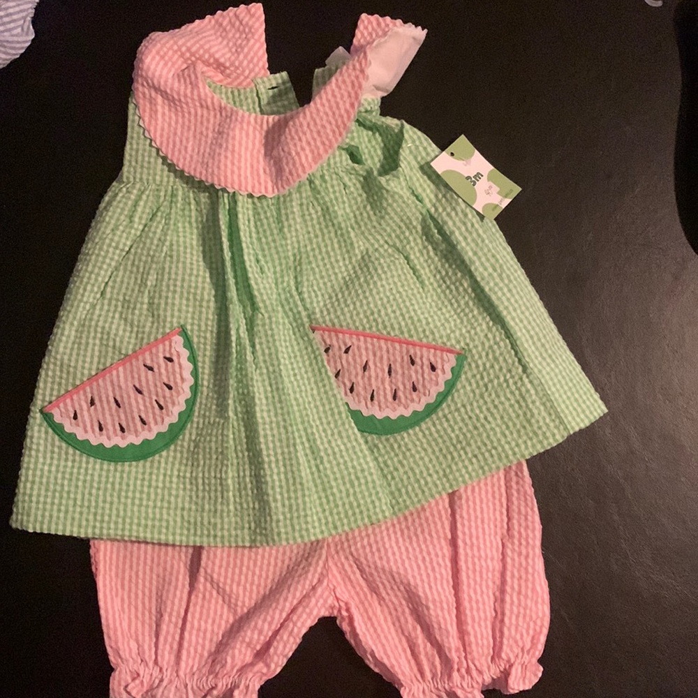 3 month seer sucker water melon shirt with matching shorts.